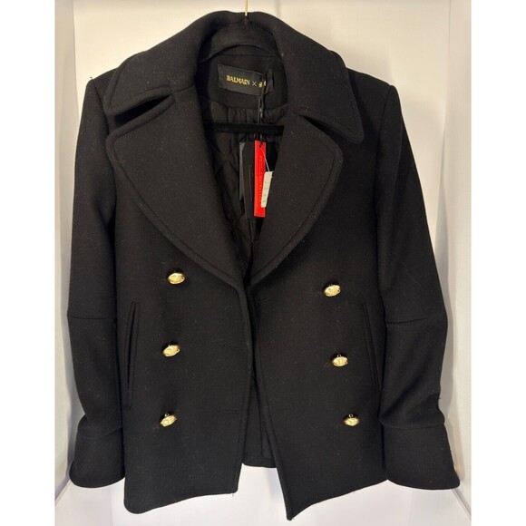 Authentic Balmain x H&M Women's Black Wool-Blend Pea Coat Size 2 NWT RARE - Picture 1 of 9